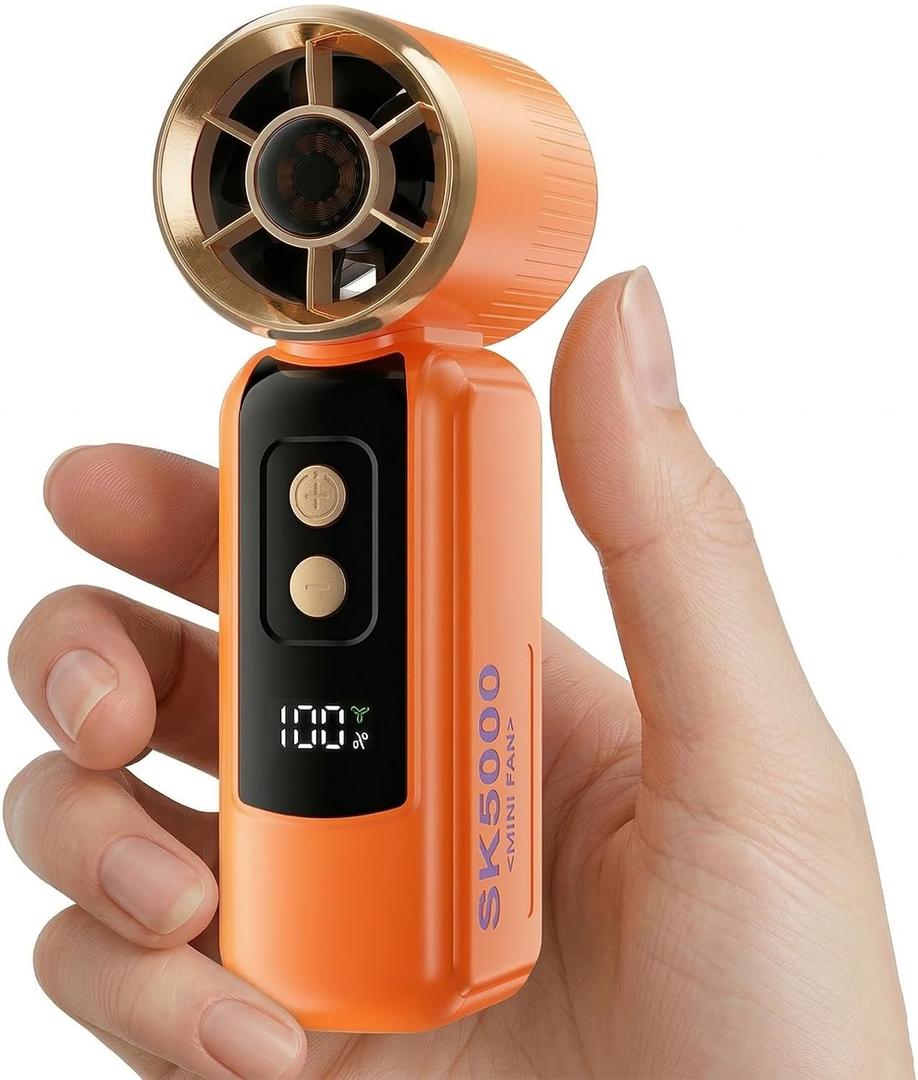 Portable Fan Handheld Mini, 6-Speed Turbo Power USB Rechargeable Personal Cooling Fan with LED Display, Small Travel Fan for Outdoor Camping Hiking, Orange