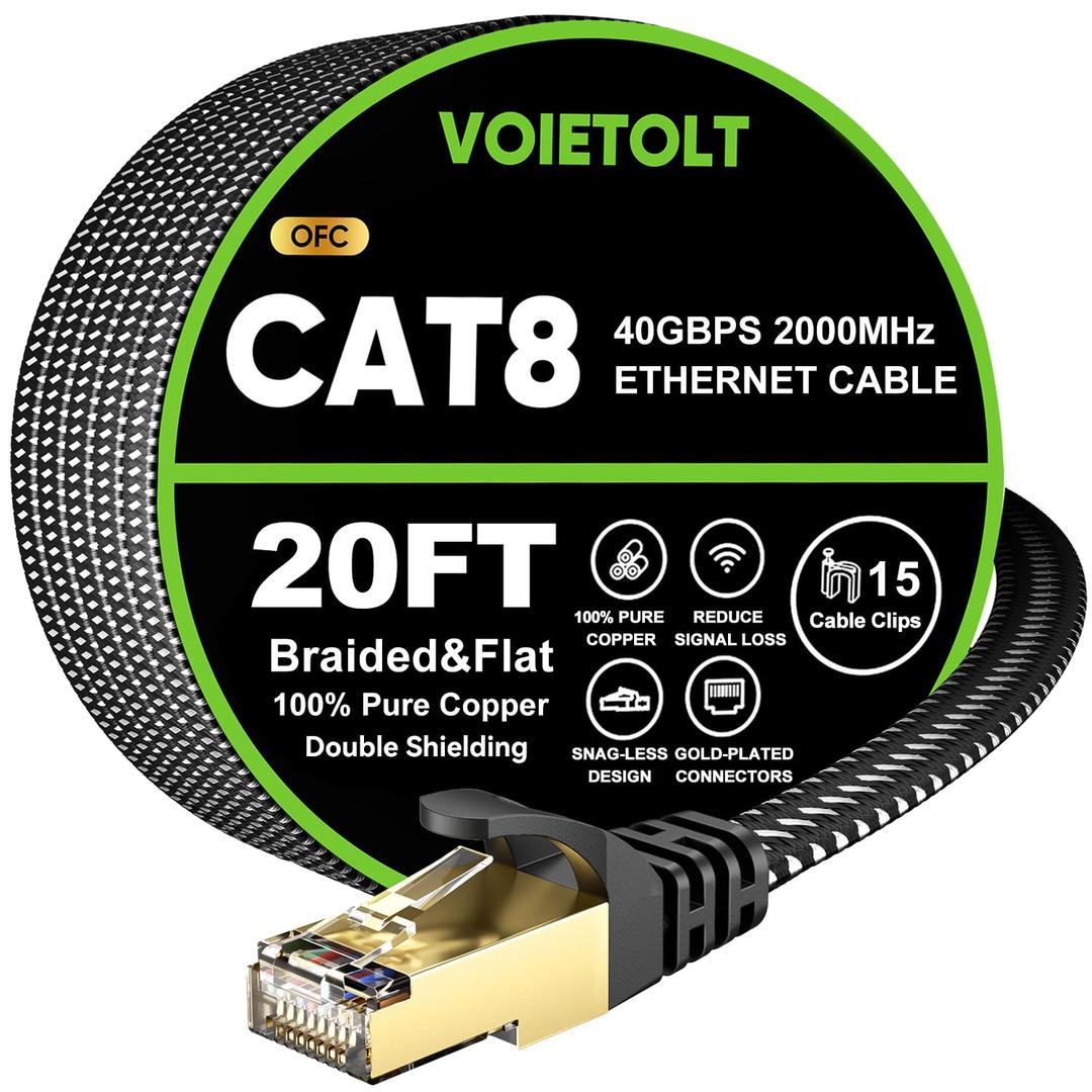 VOIETOLT Cat 8 Ethernet Cable 20 FT Flat, High Speed 40Gbps 2000Mhz Braided Internet Cable with Gold Plated RJ45 Network LAN Cable SSTP, Heavy Duty Ethernet Cord Compatible for PS4/5, for Modems, PC