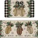 Warm Winter Wishes Mitten Kitchen Rugs Set of 2, Buffalo Plaid Check Bow Red Berry Farmhouse Kitchen Mats Decor, Christmas Holiday Floor Door Mat Home Decorations -17x29 and 17x47 Inch