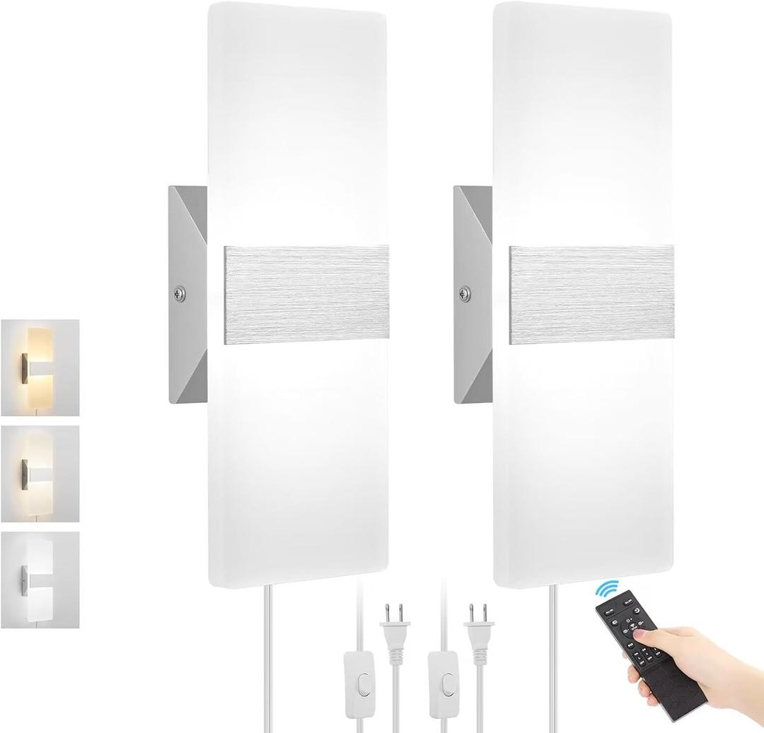 Plug in Wall Sconces with Stepless Adjustable 3000K-6500K Colors and 10%-100% Brightness, Sconces Wall Lighting with Remote Control 12W Acrylic LED Wall Lamp with 6FT Plug in Cord, 2 Pack