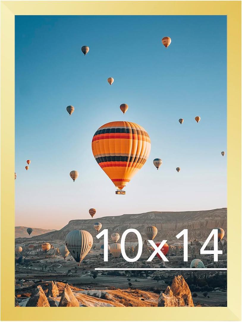 JCJMY 10x14 inch Picture Frame, Horizontal and Vertical Formats for Wall Hanging, 10 x 14 Wall Gallery Poster Photo Frame with Shatter Resistant Plexiglass, Gold