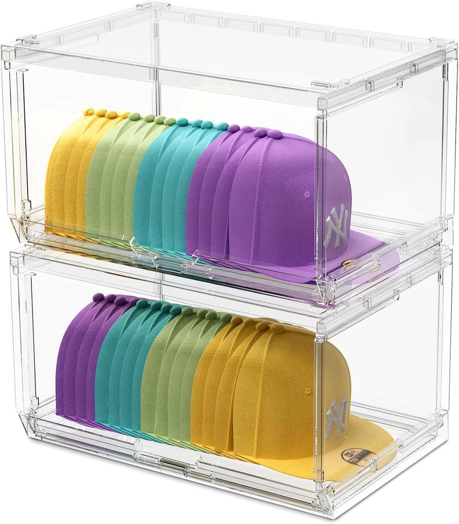 2 Pack Large Hat Organizer Box, Stackable Clear Baseball Caps Holder Box Containers with Sliding Door for Hats Snapback Cap Storag, Hat Rack Display Case, Holds 20 Hats Each -Clear