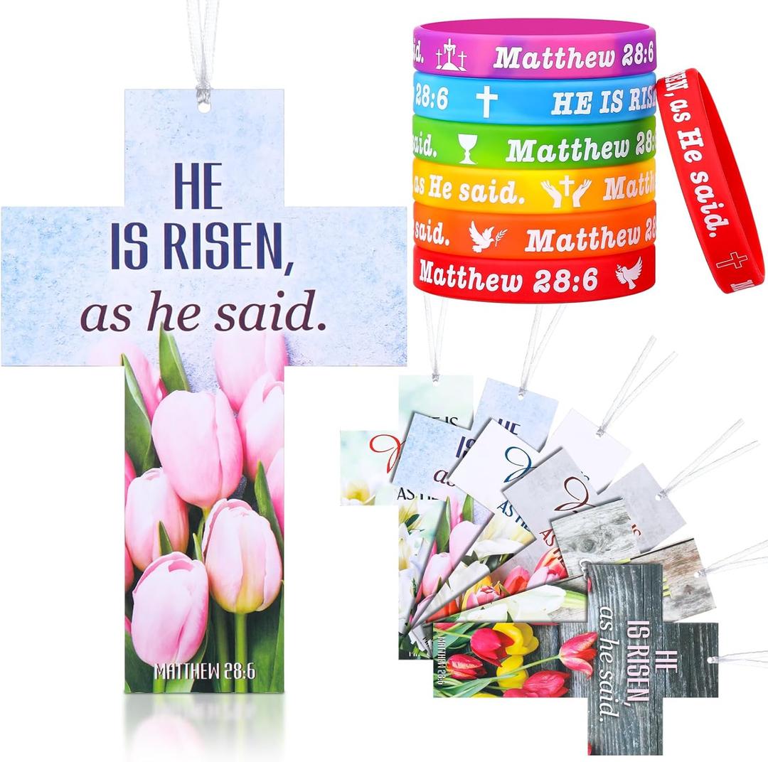 Dispowreath 60 Pcs Easter He is Risen Bookmarks and Bracelets Set Bible Verse Bookmarks Matthew 28:6 Wristbands Easter Christian Gift Religious Cross Lily Bookmark for Church Sunday School