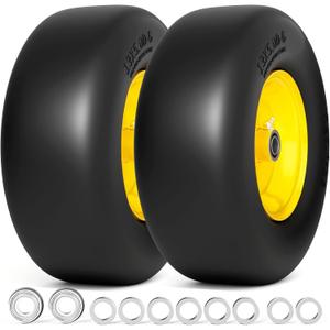 13x5.00-6 Flat Free Lawn Mower Tire, Zero Turn Mower Front Tires, 13x5x6 Solid Mower Wheel for Residential and Commercial, 3/4" & 5/8" Bearing, 3.25"-5.9" Center Hub, 2Pack Yellow, 500Lbs