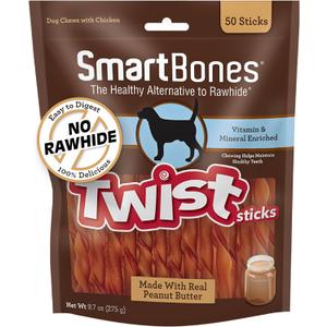 2 x SmartBones Smart Twist Sticks With Peanut Butter, Rawhide-Free Chews For Dogs, 50 Count (EXP 02/25/29)
