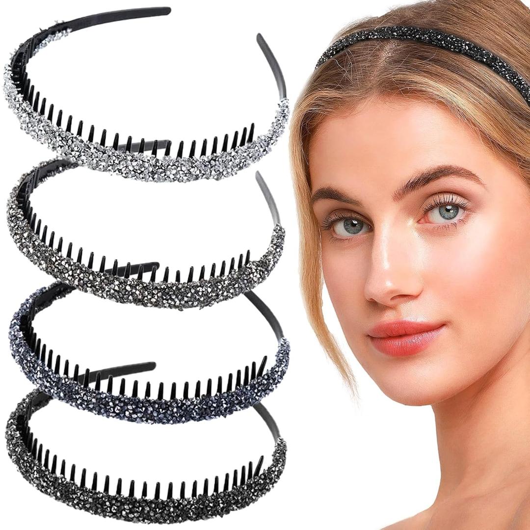 4 PCS Rhinestone Headbands for Women Girls Sparkle Crystal Hair Band Fashion with Teeth Non Slip Hair Hoop Glitter Head Bands Comb Wedding Party Birthday Hair Accessories Silver, Black, Gray, Blue