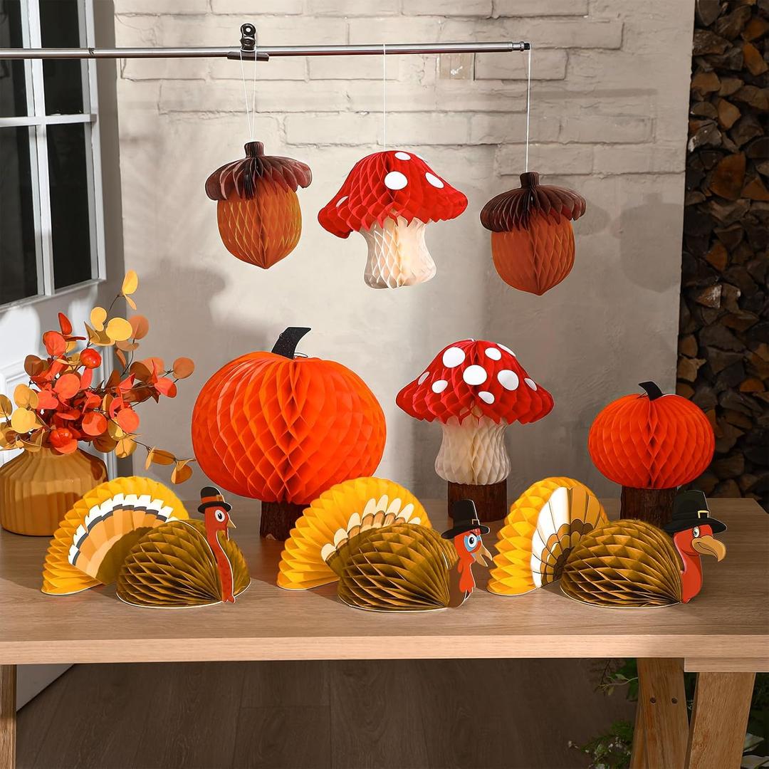 9 Pcs Large Thanksgiving Table Party Decorations Honeycomb Turkey Pumpkin Acorn Mushroom 3D Paper Centerpieces for Fall Thanksgiving Harvest Table Party Decorations