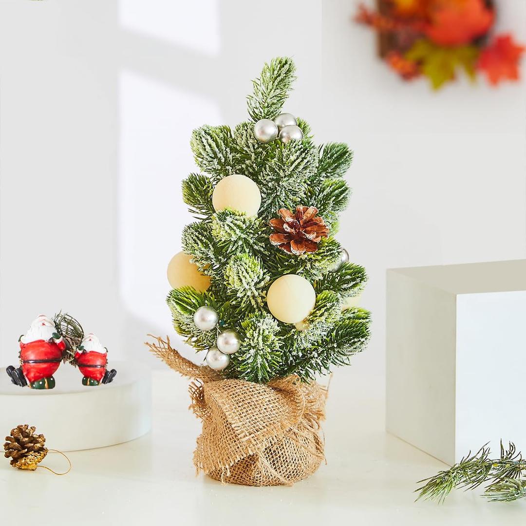 Burlap Small Christmas Tree Decor with Lights - Mini Tabletop Artificial Tree Centerpiece for Indoor Home Office Desk Holiday Decorations(White Ornament)