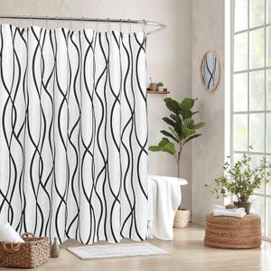 Biscaynebay Extra Long Textured Fabric Shower Curtain 72 W x 84 L, Black Printed Striped Linen Modern Hotel Luxury Quality Cloth Bathroom Curtains Machine Washable