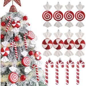 Candy Christmas Tree Hanging Ornament Kit, 12Pcs Red and White Pastel Candy Cane Lollipop Plastic Pendant for Xmas Candyland Winter Wonderland Party Christmas Tree Decorations