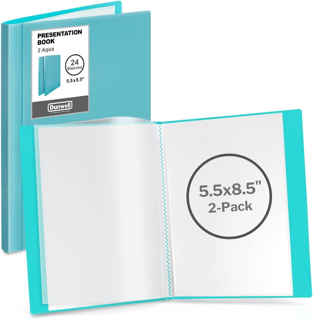 Dunwell Small Presentation Book 5.5x8.5 (2-Pack, Aqua), 24 Pockets Display 48 Half Size Pages, Plastic Binders with Sleeves, 5.5 x 8.5 Mini Booklets, Acid-Free Poly