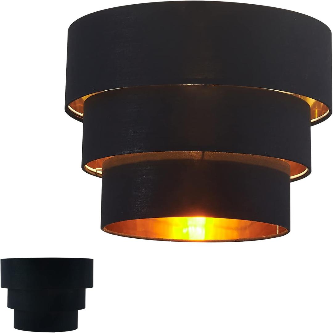 Lamp Shades for Floor Lamps, Pendant Lighting and Chandelier Replacement, 3-Tier Drum Fabric Lampshade with Natural Linen Handcrafted(Black)