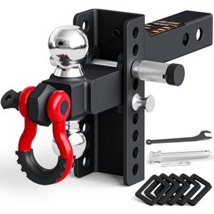 AC-DK Adjustable Trailer Hitch Ball Mount with Lock&Pin&Rotatable Tow Shackle, Fits 2-in Receiver, 4" Rise/Drop, 2-in, 2-5/16-in Hitch Ball, 10000 lbs GTW (Double Ball with Shackle)