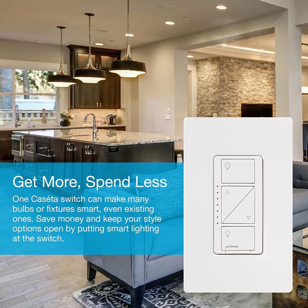 Lutron Caseta Original Smart Dimmer Switch (Lutron Smart Hub Required), for LED Lights, 150 Watt, Single-Pole/3-Way, No Neutral Required, PD-6WCL-WH, White