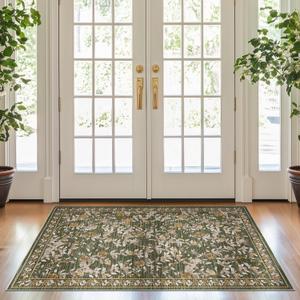 jinchan Eden Floral Washable Area Rug 3x5 Entryway Rug Vintage Lightweight Soft Non-Slip Indoor Low Pile Distressed Green Carpet for Living Room Kitchen Bedroom Entrance Laundry Nursery