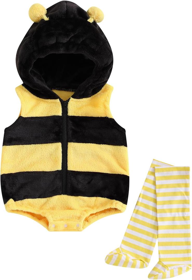 Newborn Baby Halloween Costumes Bee Costume Zipper Hooded Sleeveless Romper Stockings Infant Halloween Costumes (0-6 Months)