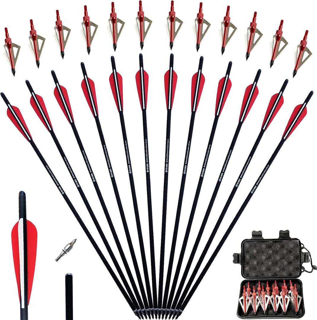 18 20 22 Inch Carbon Crossbow Bolts and Crossbow Broadheads Set,12 Pcs Hunting Carbon Arrows for Crossbow with Broadheads 12 Pcs for Hunting Crossbow Arrows