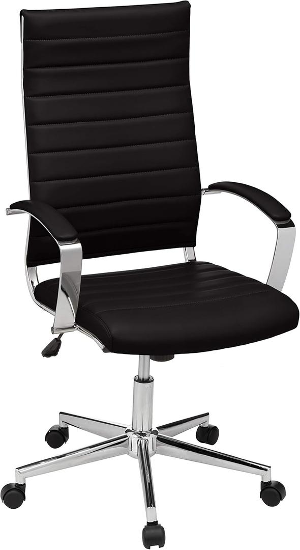 Amazon Basics High-Back Swivel Desk Chair, Ergonomic Ribbed Faux Leather Upholstery, Lumbar Support, Home Modern Style, Black, 45.25" x 24.75" x 23.25"