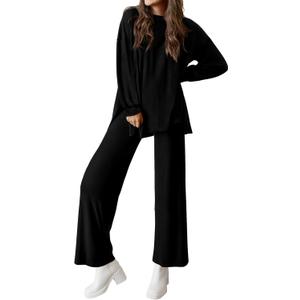 PRETTYGARDEN Womens 2 Piece Outfits Crewneck Long Sleeve Pullover Tops Wide Leg Long Pants Casual Lounge Set Travel Tracksuit (Large, Black)