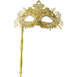Masquerade Mask with Stick Handheld Venetian Mask Mardi Gras Mask for Women (Gold)
