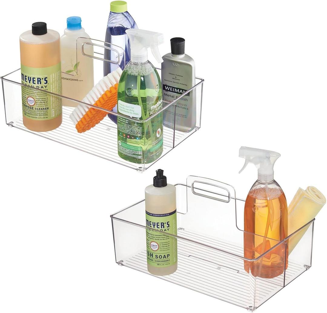 mDesign Large Plastic Divided Portable Storage Organizer Caddy Tote Basket Bin with Handle for Kitchen, Pantry, Countertop, Cabinet, Cupboard - Ligne Collection - 2 Pack - Clear