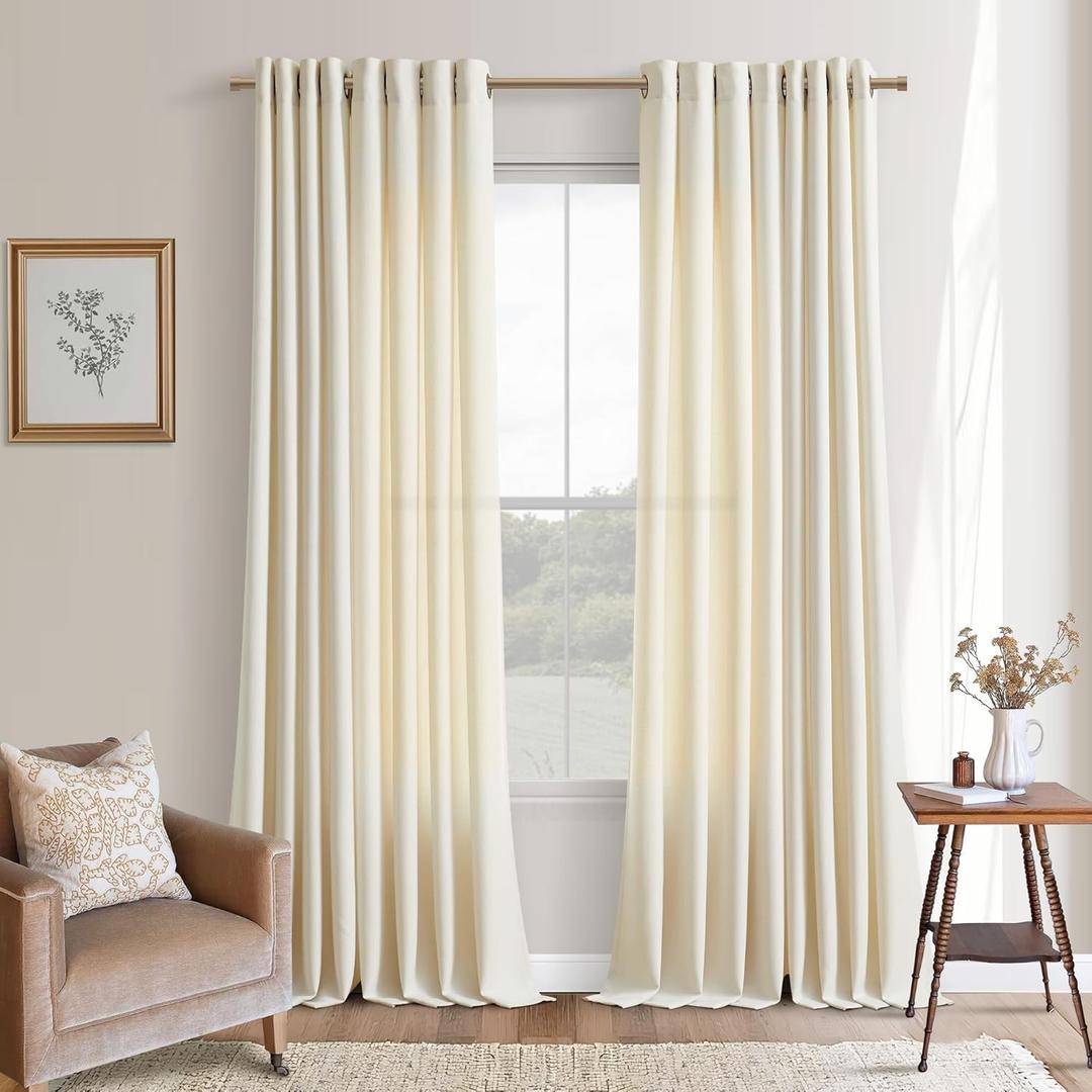 Cream Beige Curtains 102 Inches Long 2 Panels Grommet Light Filtering Linen Slub Textured Curtain Modern Farmhouse Coastal Decor Linen Drapes 102 Inch Length for Patio Sliding Door Office Bedroom