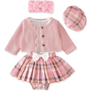 Aalizzwell Infant Baby Girl Fall Winter Skirt Outfit with Cardigan 5Pcs 0-18 Months (Pink)