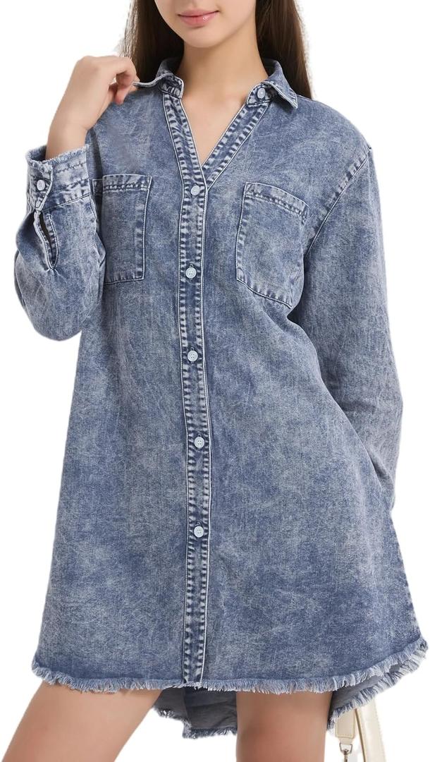 EXARUS Girls Denim Jean Dress Teen Fall Casual Kids Western Shirt Dresses | Short/Long Sleeve Button Down Denim Trendy Outfit (Blue)