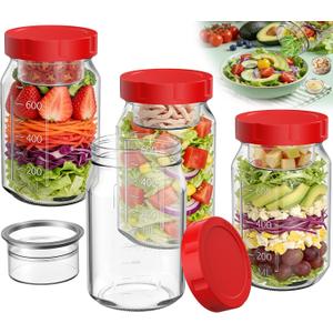 4Pack Glass Salad Jars with Lids, 32oz Salads Mason Jars with Wet/Dry Separation Cup, Meal Prep Salad Containers for Lunch, Leakproof Wide Mouth Food Storage Containers, BPA-Free Reusable (Red)