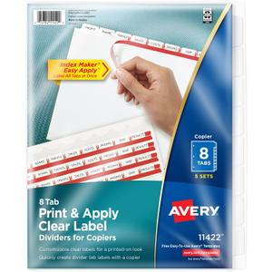 Avery 8 Tab Dividers for 3 Ring Binder, Easy Print & Apply Clear Label Strip for Copiers, Index Maker Customizable White Tabs, 5 Sets (11422)