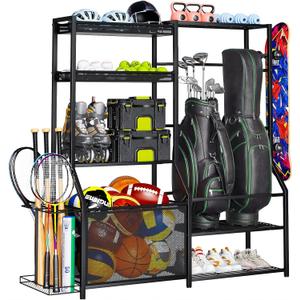Large Sports Organizer for Garage, Ball Storage Rack Garage Sports Equipment Organizer with Side Racks, Baskets, Hooks, Multi-Purpose Golf Gear Storage for Gym Indoor Outdoor