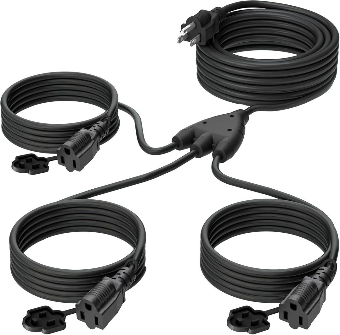 Eversimpleinc Black 1 to 3 Splitter Extension Cord (Combined 40 FT, End to End 28 FT), 3 Prong Plug with 3 Extended Outlets, with Weatherproof Covers for Indoor and Outdoor,16AWG/3C SJTW, ETL Listed