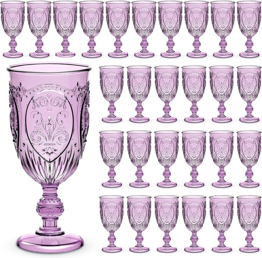 Wiwiqing 48 Pcs Plastic Goblets 7.5oz Vintage Goblet Plastic Wine Glasses Colored Retro Embossed Water Goblets for Wine Bar Juice Baby Shower Wedding Reception Grand Event Party (Purple)
