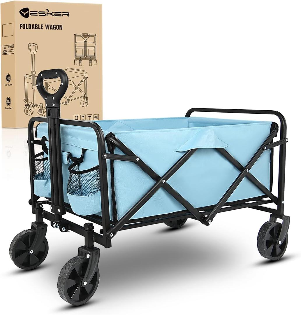 Yesker Foldable Wagon - 220lbs Collapsible Garden Carts with All Terrain Wheels for Outdoor Camping Sports Shopping Gardening - Heavy Duty Portable Utility Trolley (Blue)