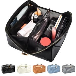 stona Travel Makeup Bag for Women, Large Capacity Checkered Cosmetic Bags, Portable Pouch Open Flat Toiletry Bag, Make up Organizer with Handle