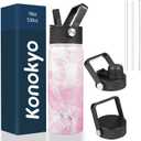 18 oz Insulated Water Bottle Stainless Steel Sport Bottles with 3 Lids,Marble Blossom (18 Ounces)