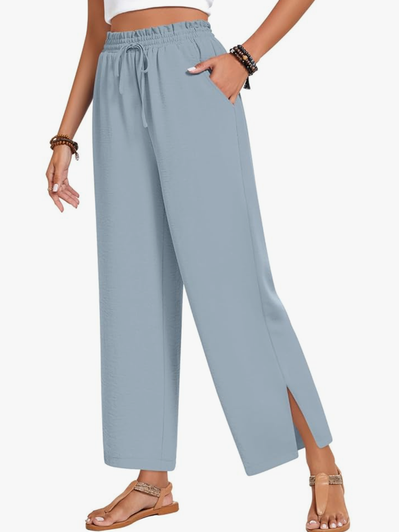 Anyhold Womens Wide Leg Lounge Pants Loose High Waisted Side Slit Pants Drawstring Casual Palazzo Pants with Pockets, XL