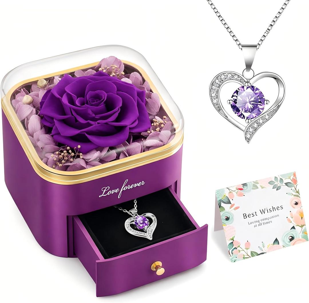 Beferr Birthday Gifts for Women Preserved Real Rose with Necklace Eternal Purple Roses Forever Flowers for Delivery Anniversary Mothers Day Flower Gifts for Mom Wife Grandma Daughter Her Girlfriend