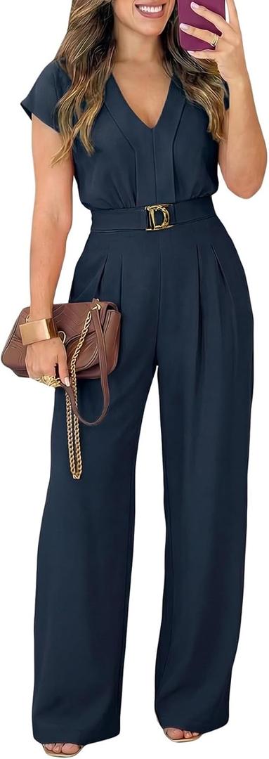 Pink Queen Jumpsuits for Women Dressy V Neck Short Sleeve Wide Leg Rompers Business Casual One Piece Outfits (X-Large)