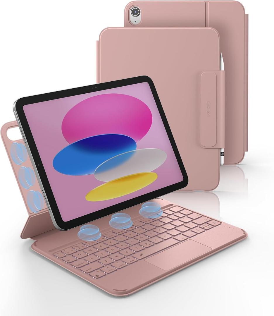 Dexnor for iPad (A16) 11th/10th Generation Case with Keyboard Ultra-Thin Magnetic Folio Keyboard Case Trackpad Pencil Holder Backlit Rechargeable for iPad A16 11" 2025/10th Gen 10.9" 2022, Pink