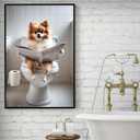 Cute Pomeranian sitting on toilet and reading newspaper Animal picture wall decor Dog canvas wall art Funny bathroom decor wall art Stylish wall decor Animal wall art Bathroom wall decor (8x12inch Black Metal Framed, Gustave16)
