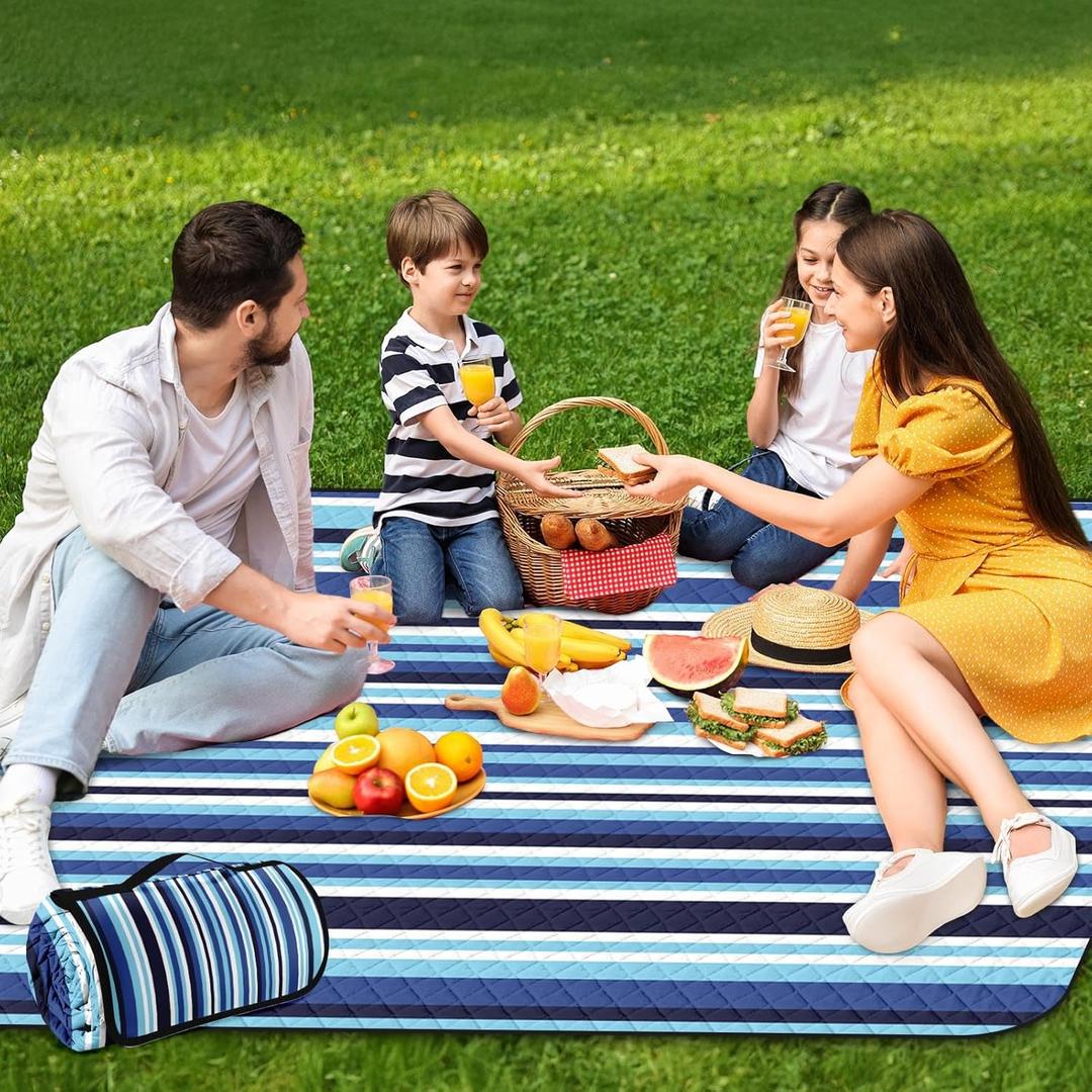 Waterproof Picnic Outdoor Blanket, 79" x 59" Sandproof Foldable Large Picnic Blanket for Beach, Camping, Park, Travel, Concert, Great Gift for Families and Couples (Blue Stripe)