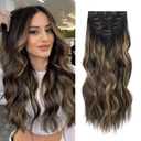 Synthetic Clip in Hair Extensions, 6PCS Natural &Soft Hair& Blends Well Long Wavy Hairpieces(20inch,6pcs, Black with Brown Highlights)