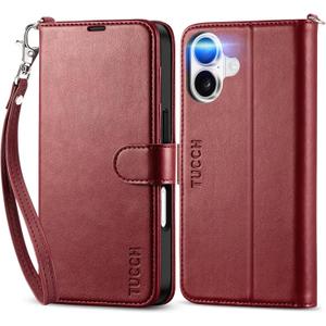 TUCCH Case Wallet for iPhone 17 (6.3-Inch) 2025, Wrist Strap | Stand | RFID Blocking | 4 Card Holders | TPU Shockproof Inner Shell | PU Leather | Magnetic Folio Cover | Dark Red