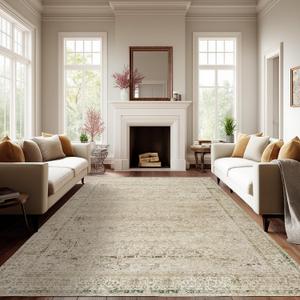 Cream and Light Tan Area Rugs Washable Rug for Living Room Bedroom, Distressed Floral Boho Vintage Style Non Slip Soft Rug Extra Large Carpet for Dining Room 9x12