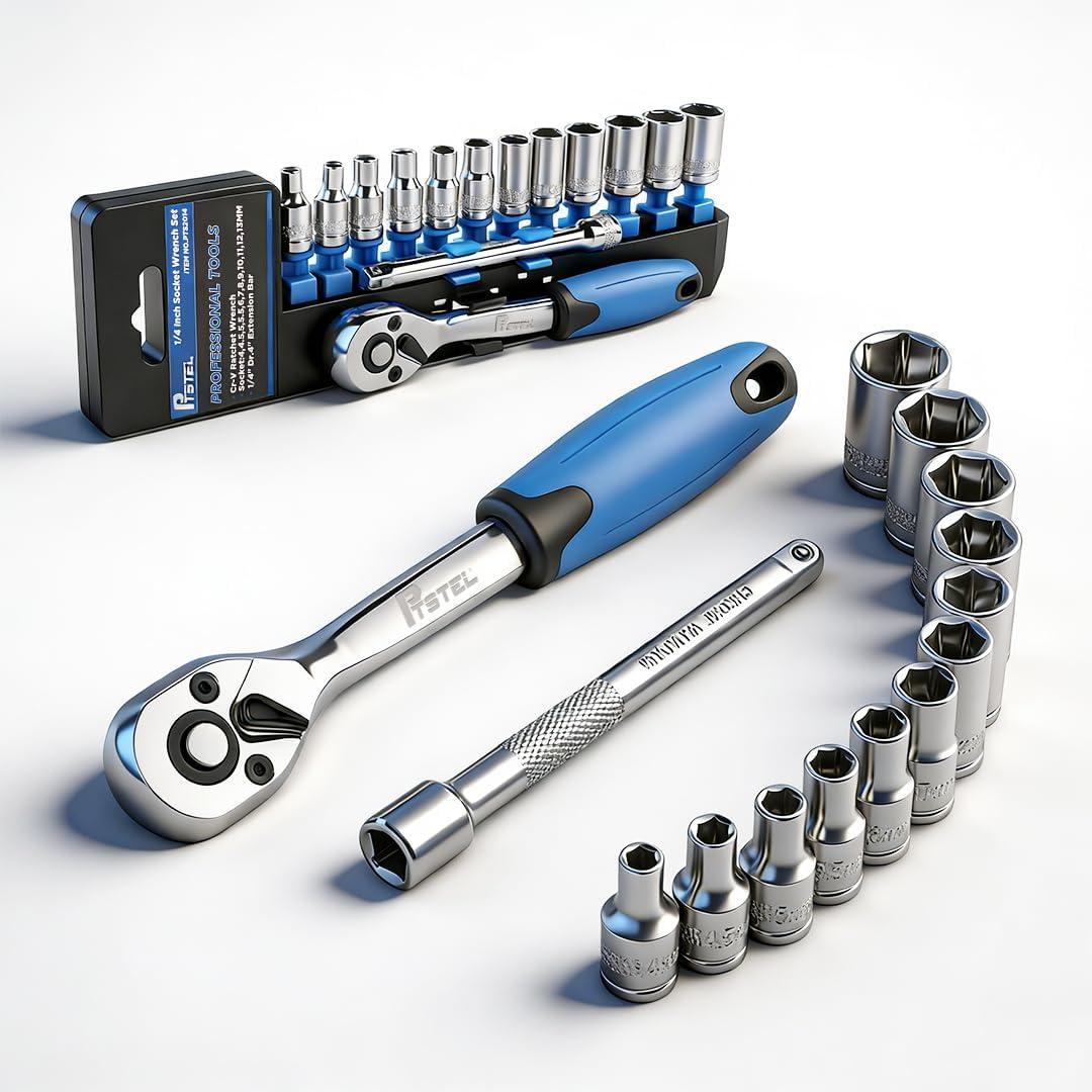 14 Pieces Socket Wrench Kit, 1/4 Drive Socket Set with 72 Teeth Release Ratchet Wrench and Extension Bar, CR-V Sockets