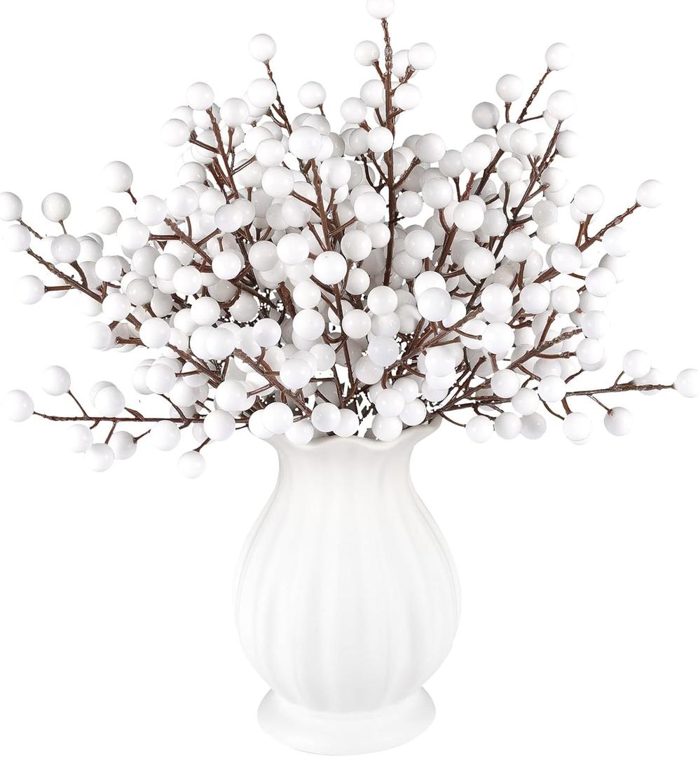 Rowfad 40 Pcs Artificial Berry Stems Branches, Christmas White Faux Holly Berries Picks Ornaments for Christmas Tree Wreath DIY Craft Decorations Holiday Home Decor (40, White)