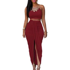 HUUSA Women's Sexy 2 Piece Skirt Sets Elegant Bodycon Maxi Dress Sleeveless Tank Shirt Tops High Waist Ruched Slit Long Dress (Small, Date Red)