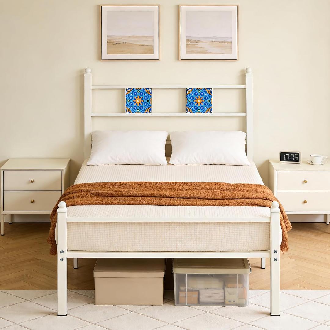 Twin Metal Bed Frame with Ceramic Tile Decor Headboard