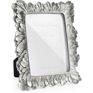 Cuspin 5x7 Picture Frame Silver Frames, Vintage Elegant Palm Leaves Textured Hand-Crafted Resin with Glass Front Retro Design Photo Frame for Wall Hanging and Tabletop Display Home Decor (Silver Feather Petal)